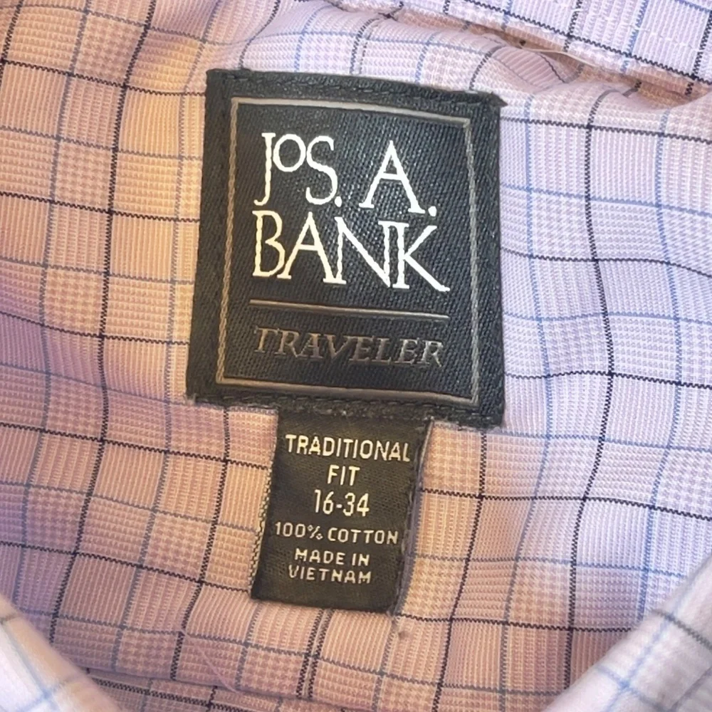 Jos A Bank Traveler Men'sTraditional Fit Lavender Check Shirt Size 16/34 - Picture 10 of 14